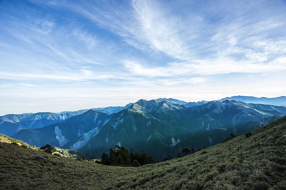 Landscape Photograph of Mountains Under Blue Cloudy Sky, adventure HD wallpaper