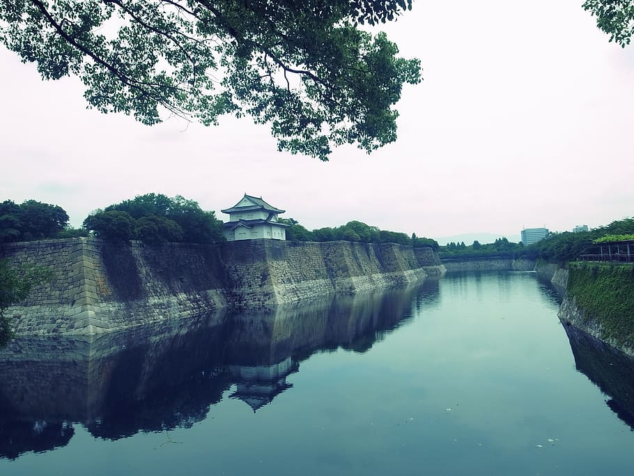 japan, castle, river, wall, water, reflection, sky, tree, architecture HD wallpaper