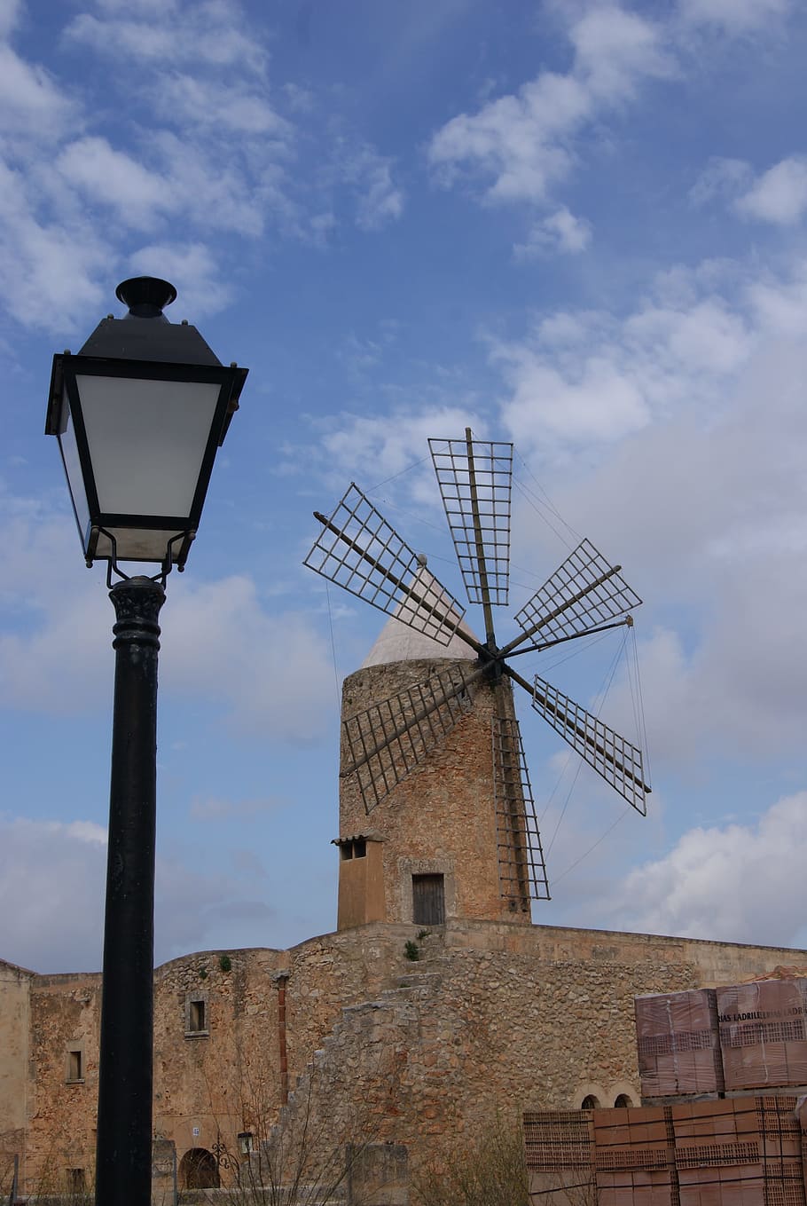 Windmill, Mallorca, Village, Lantern, architecture, sky, old HD wallpaper