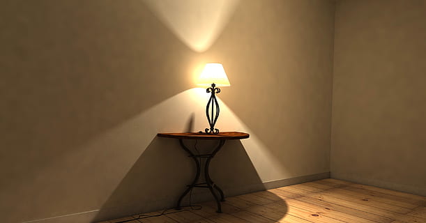 brown wooden side table with black table lamp on top, lighting HD wallpaper
