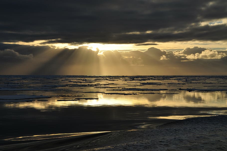 landscape photo of crepuscular light with body of water, sun HD wallpaper