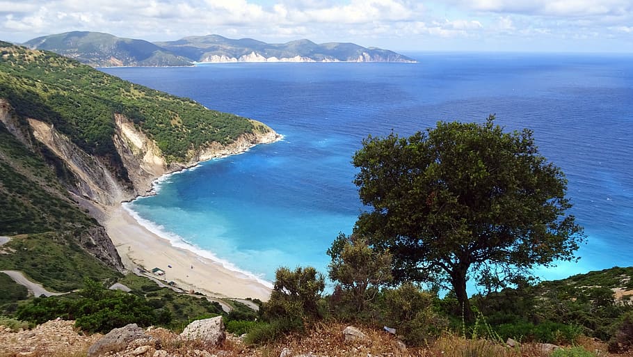 green tree on hill, Greece, Island, Cephalonia, Kefalonia, blue, HD wallpaper