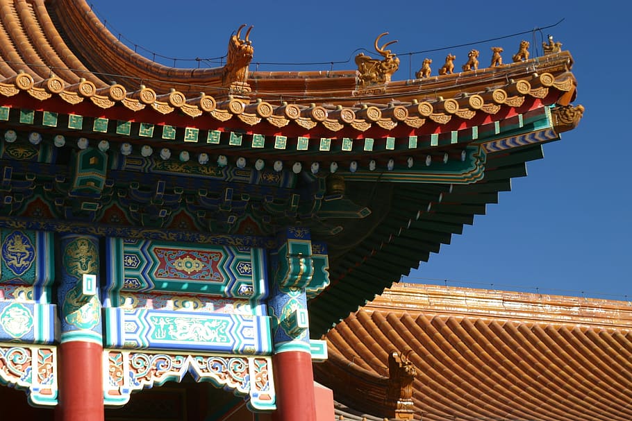 temple under blue sky, China, Roof, Forbidden City, architecture, HD wallpaper