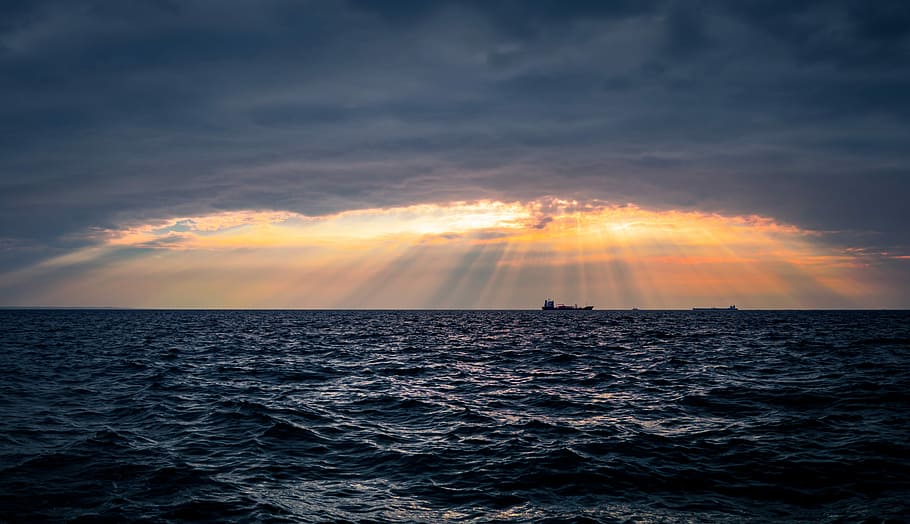 calm wave body of water during sunset, sea waves under crepuscular ray HD wallpaper