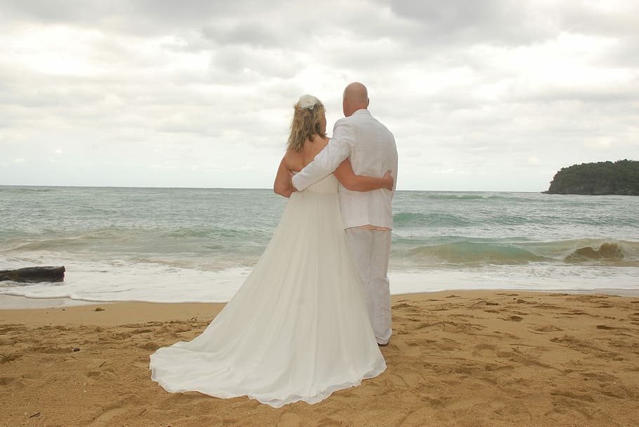 bride and groom on seashore near sea wave, wedding, love, happy HD wallpaper