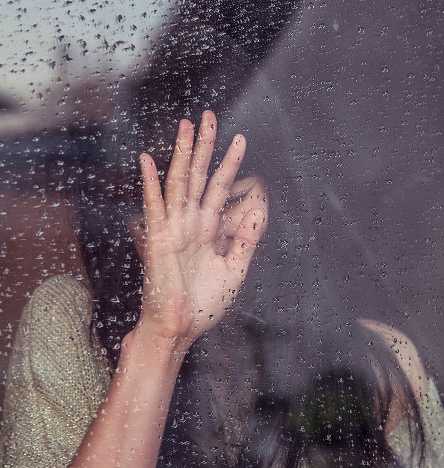 woman leaning on glass during rain, window, people, raindrop, HD wallpaper