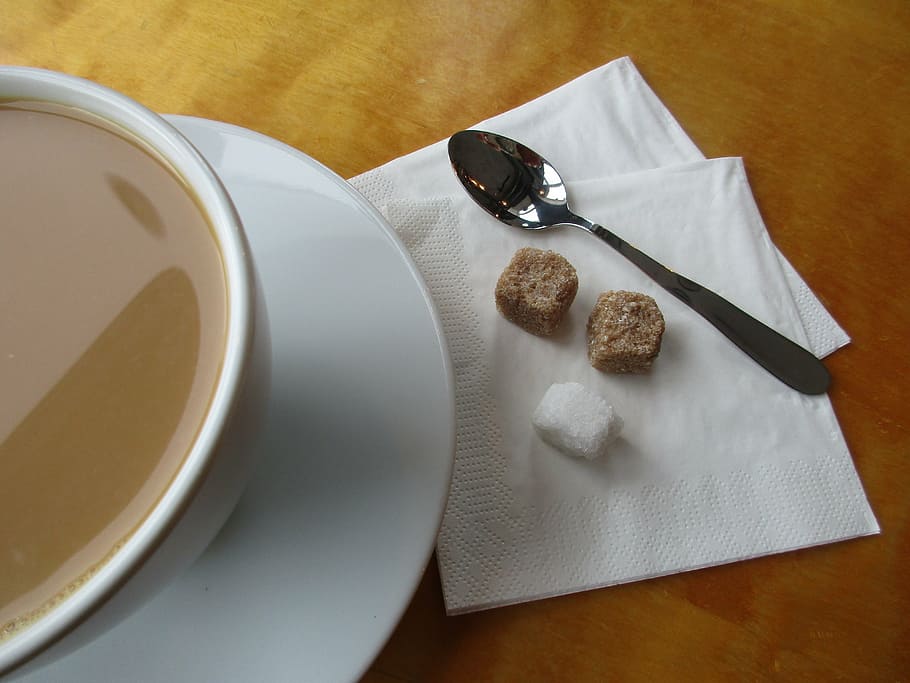 cup, brake, coffee, sugar, spoon, napkins, food and drink, table HD wallpaper