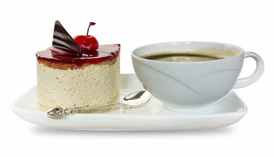 caramel glazed cheesecake on plate near white cup with coffee, HD wallpaper