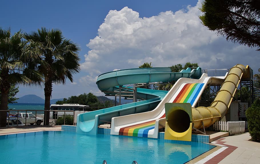 water slide, swimming pool, water sport, aquapark, tree, palm tree, HD wallpaper