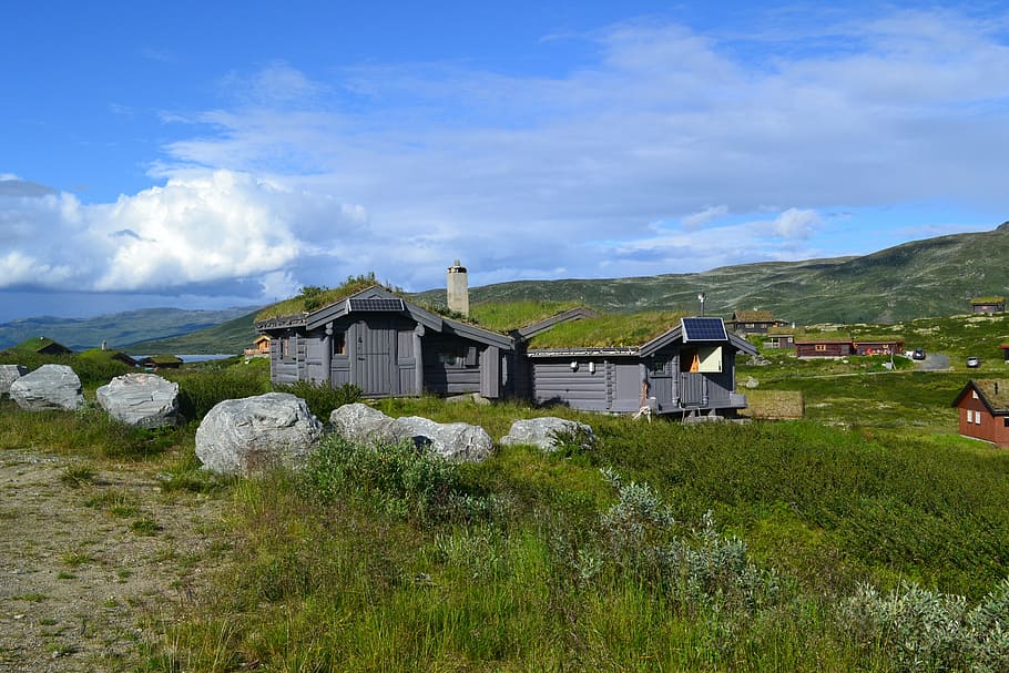 cottage, top, mountain, sky, green, grass, nature, landscape HD wallpaper