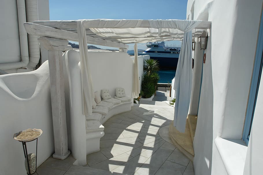 white bench, greece, sea, summer, island, aegean, tourism, cyclades, HD wallpaper