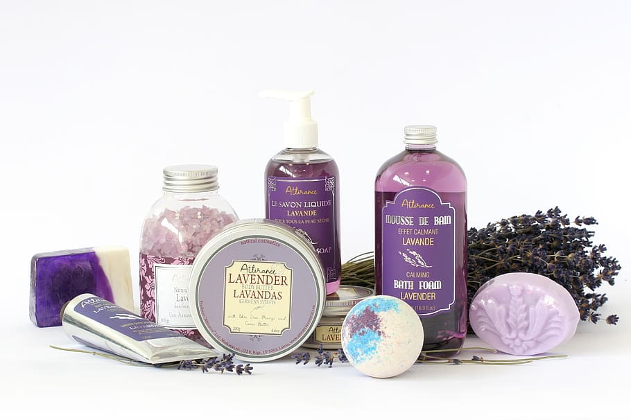 lavender products, soap, body, cosmetics, oil, aromatherapy, care, HD wallpaper