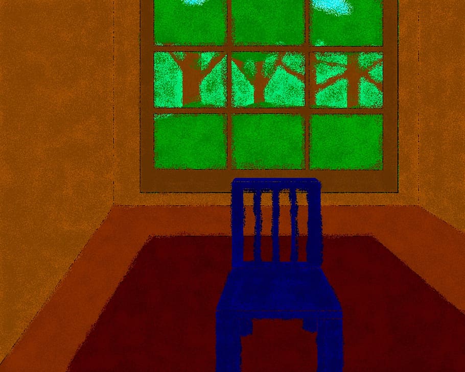 blue, chair, empty, room, painting, teddy, window, trees, communication HD wallpaper