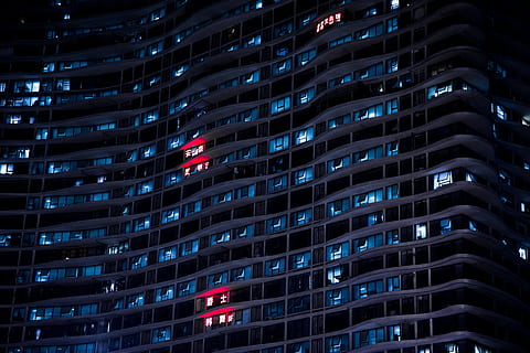 low-angle photo of high rise building, black and blue concrete building HD wallpaper