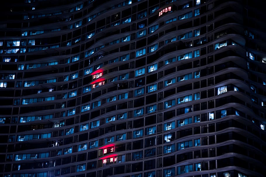 low-angle photo of high rise building, black and blue concrete building HD wallpaper