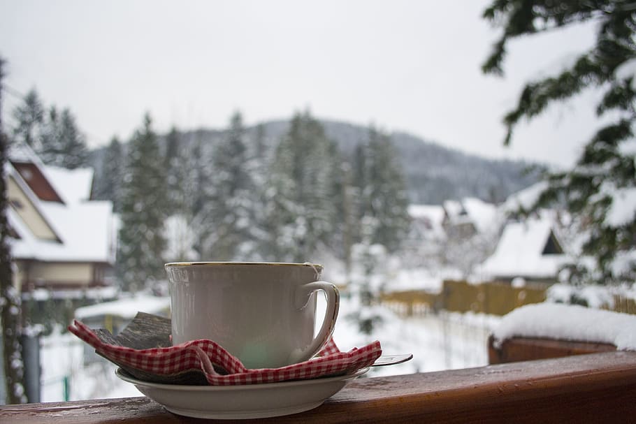 white ceramic cup on saucer, Tea, Teacup, Winter, Mountains HD wallpaper