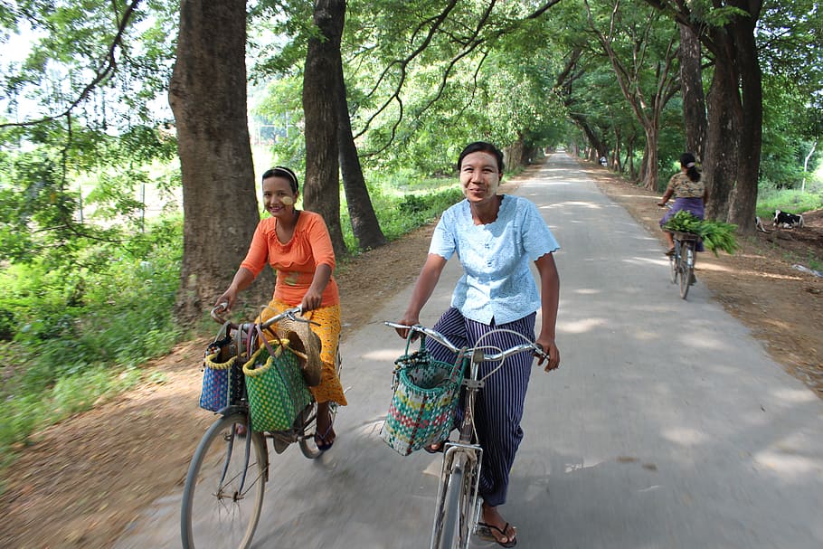 Human, Burma, Myanmar, Woman, Bike, Girl, smile, two people, HD wallpaper
