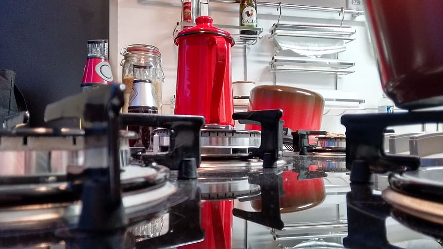 kitchen, red, stove, pans, indoors, no people, healthcare and medicine HD wallpaper