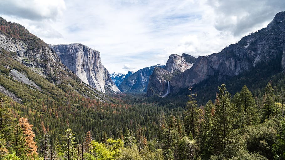 clouds, forest, landscape, mountain range, mountains, nature HD wallpaper