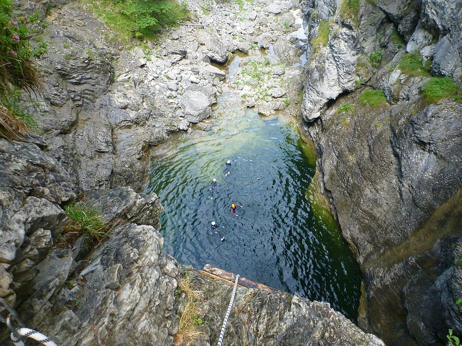 canyoning, waterfall, river, gorge, neoprene, white water, nature HD wallpaper