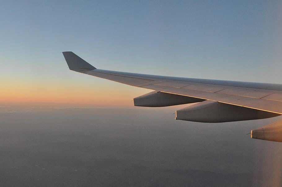 gray airplane wing on air, Flying, Flight, aircraft, travel, jet