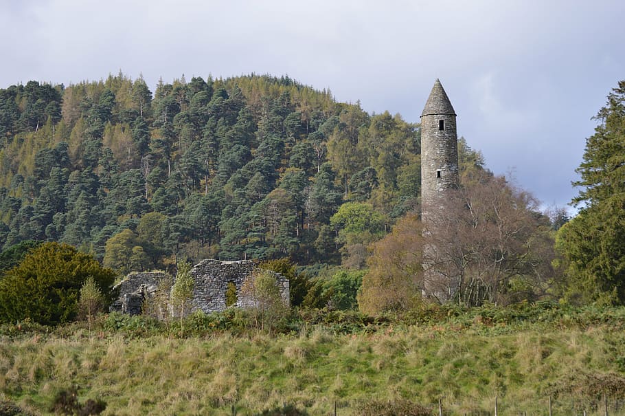glendalough, landscape, stone, tower, monastery, woods, old, HD wallpaper