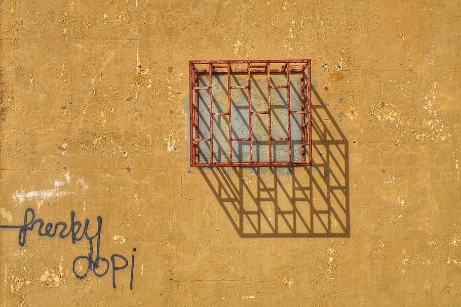 Grid, closeup photo of brown metal window grille, wall, concrete HD wallpaper