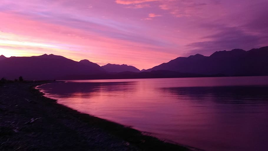 sunset, dawn, water, nature, dusk, lake, evening, mountain HD wallpaper