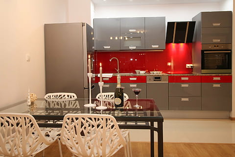 empty table and chair beside refrigerator, kitchen, kitchenette HD wallpaper