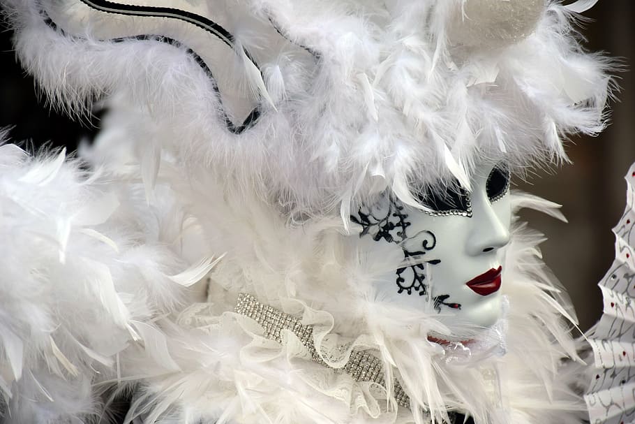 white feather masquerade mask, venice, carnival, party, festival, HD wallpaper