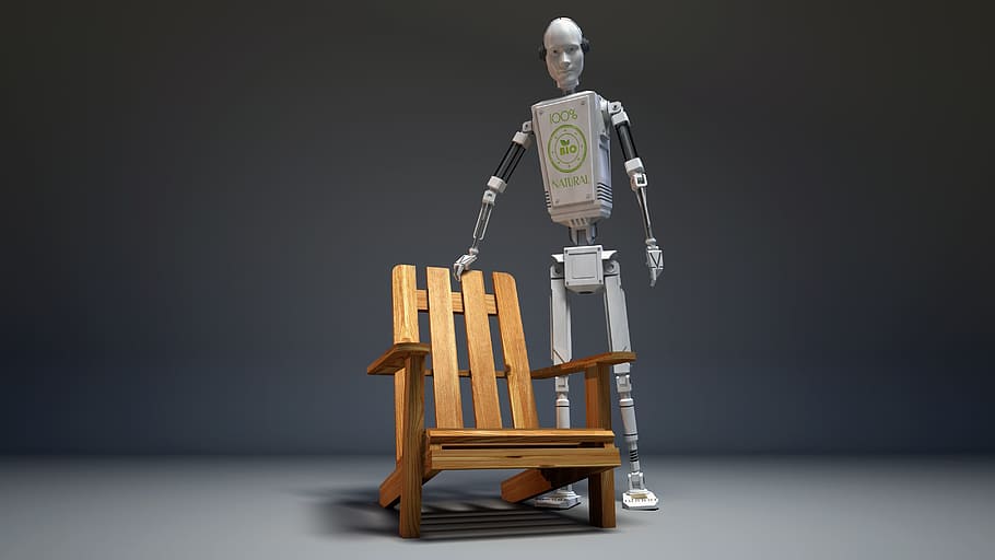 robot beside brown wooden armchair, Droid, Wallpaper, 3D, grey HD wallpaper