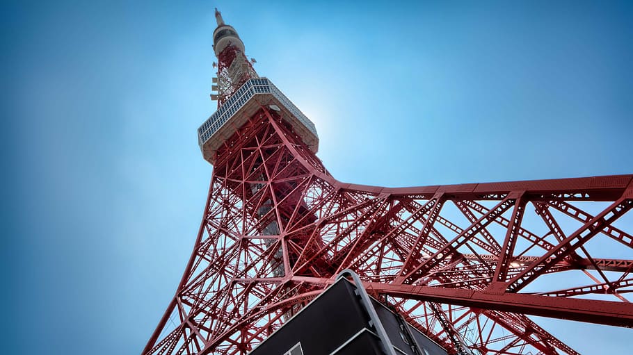 low-angle photography of red tower, architecture, high, low angle shot HD wallpaper