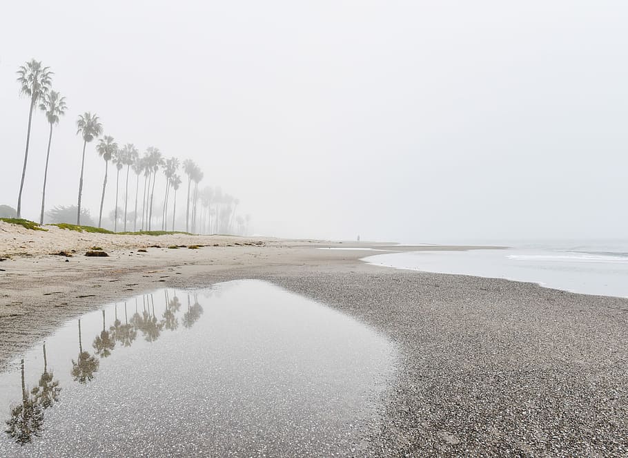 Cloudy, Puddle, Beach, raining, grey, sand, shore, ocean, water HD wallpaper