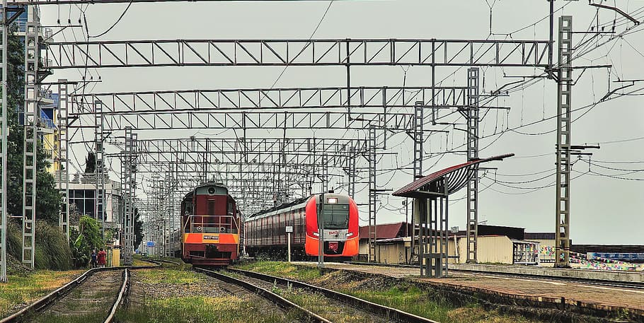 train, railway, bridge, rails, motion, composition, road, cars HD wallpaper
