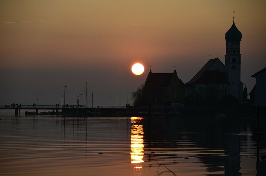 lake constance, sun, sunset, evening, summer, wasserburg, church HD wallpaper