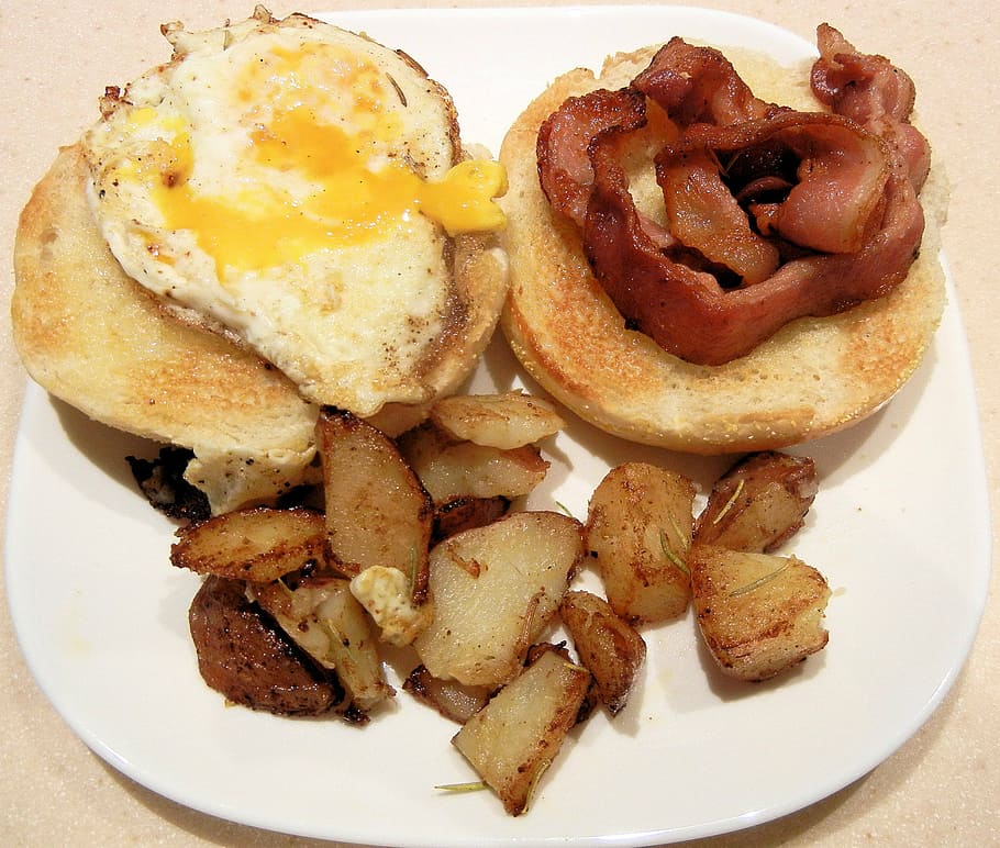 bacon, egg, potatoes, toast, breakfast food, plate, fried, meal HD wallpaper
