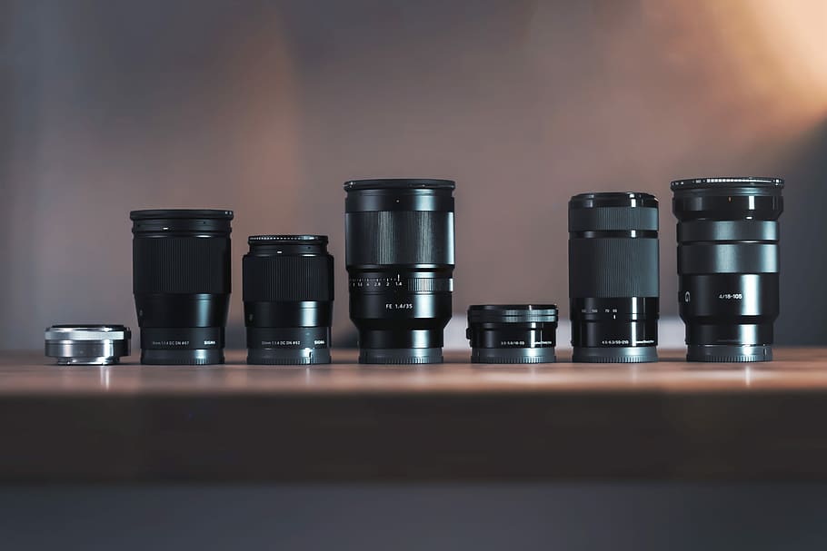 six black DSLR lens, black DSLR camera lens set, table, tech, HD wallpaper
