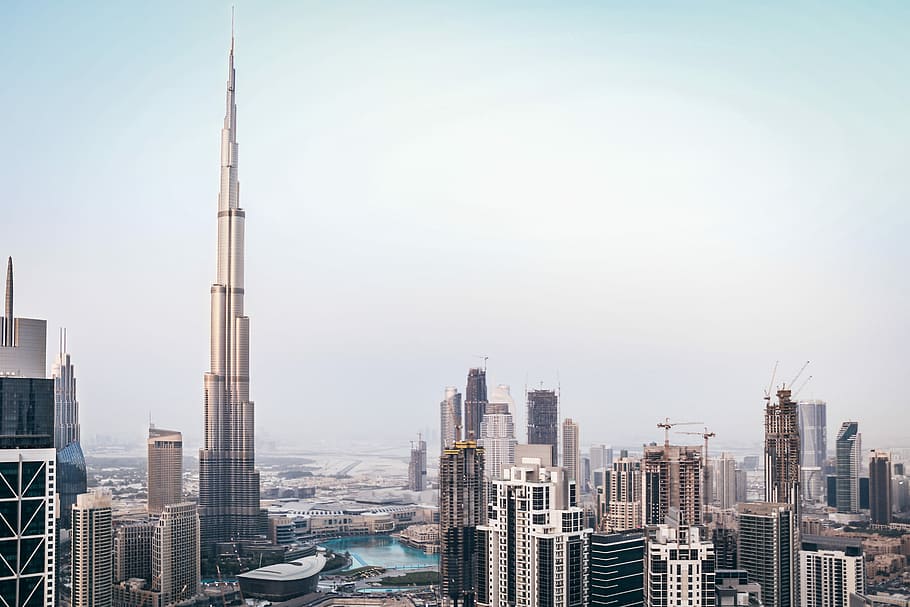 Burj Khalifa, Dubai, white high rise building, city, architecture