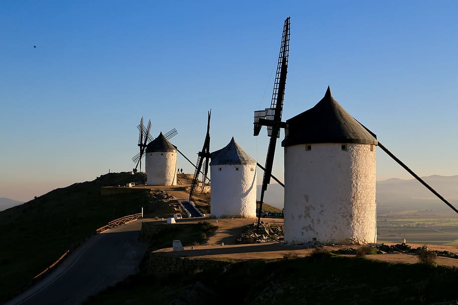 windmills on mountain, don quixote, spain, sky, built structure, HD wallpaper