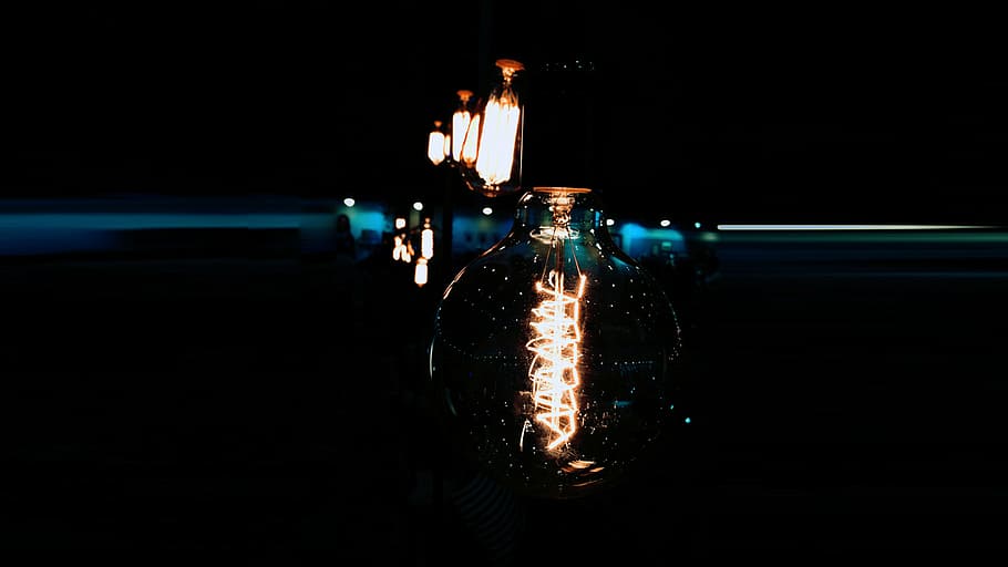 abstract, art, blur, bulb, dark, energy, filament, flame, glass HD wallpaper