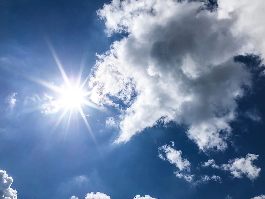 sunshine, sky, blue, cloudy, cloud - sky, sunlight, sunbeam HD wallpaper