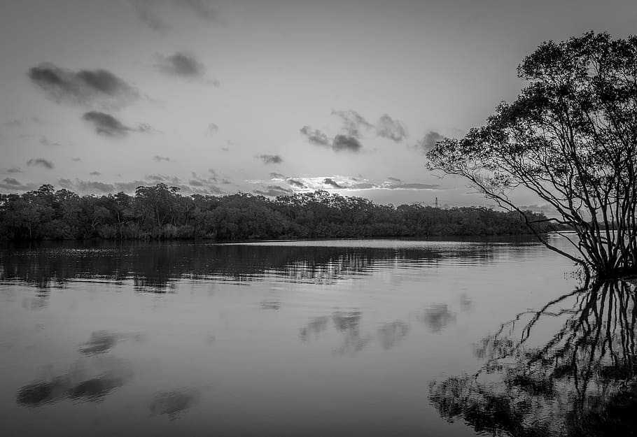 landscape, river, sunset, reflection, nature, blackandwhite HD wallpaper