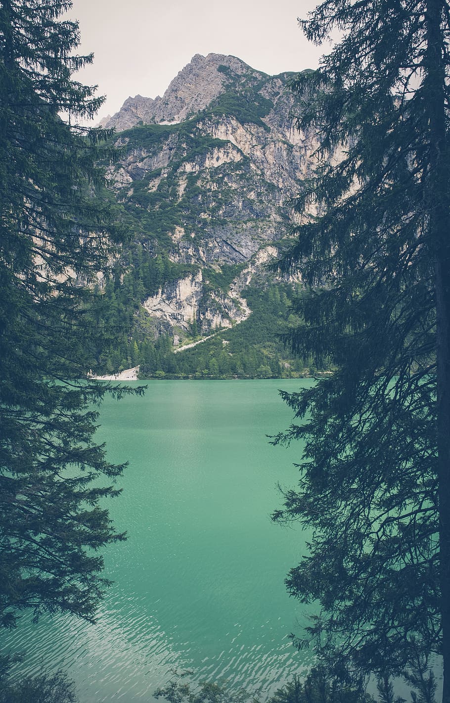 landscape photography of marble body of water near rocky mountain surrounded by trees HD wallpaper