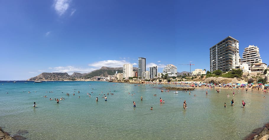 calpe, beach, costa blanca, panorama, water, sea, city, sky, HD wallpaper