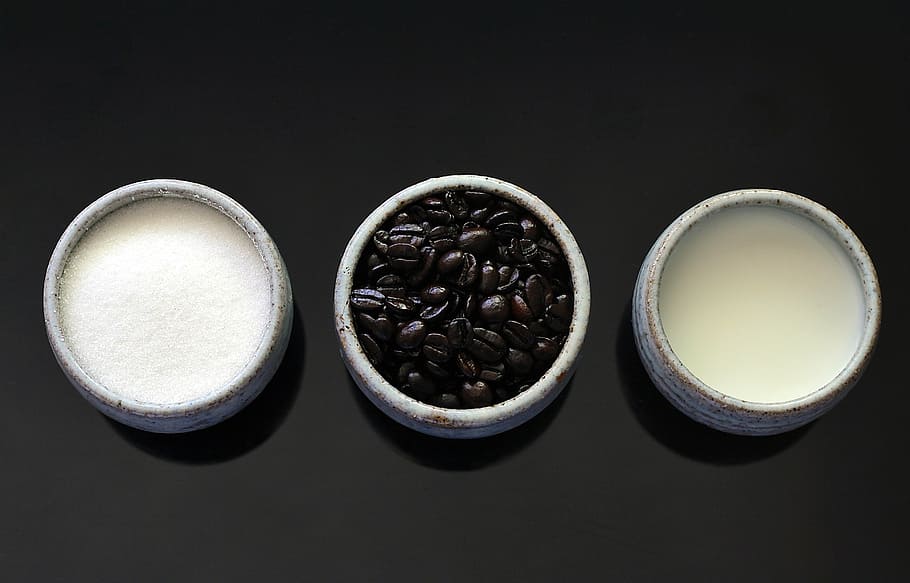 three round black containers, coffee, beans, latte, ingredients HD wallpaper