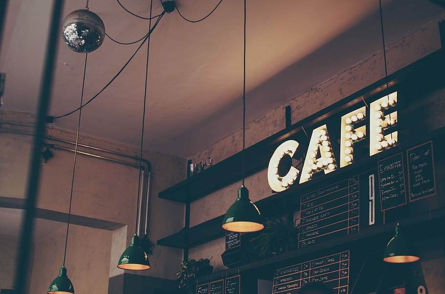 photography of cafe with LED signage and pendant lamps and menu boards, cafe marquee light on shelf HD wallpaper