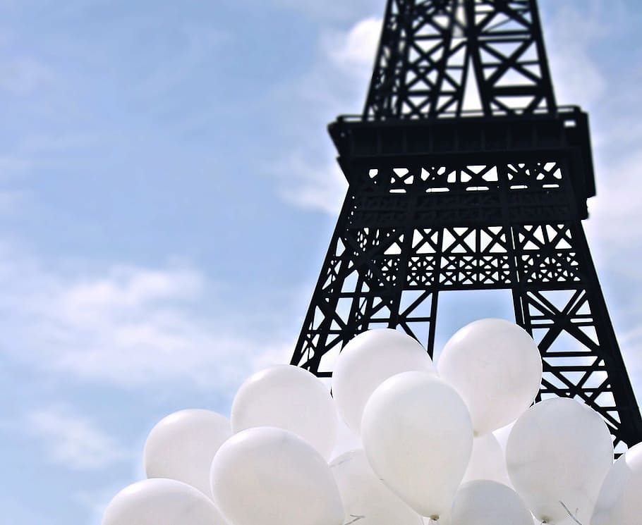 Eiffel Tower, ballons, balloons, sky, clouds, happy, wishes HD wallpaper