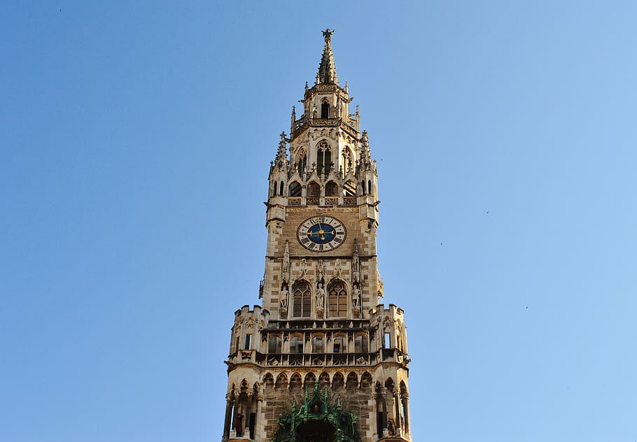 town hall, clock tower, munich, marienplatz, spire, building exterior, HD wallpaper