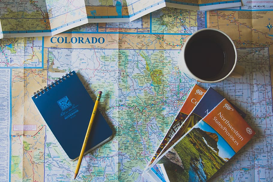 books and pencil on map, Planning the Journey, coffee, notepad HD wallpaper