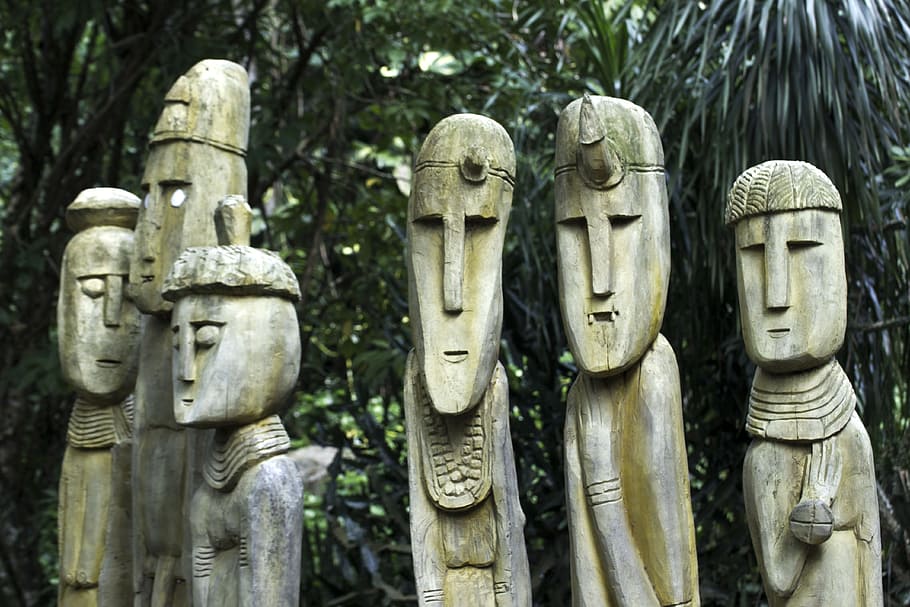 six brown wooden garden statue decors, mystery, figures, masks HD wallpaper